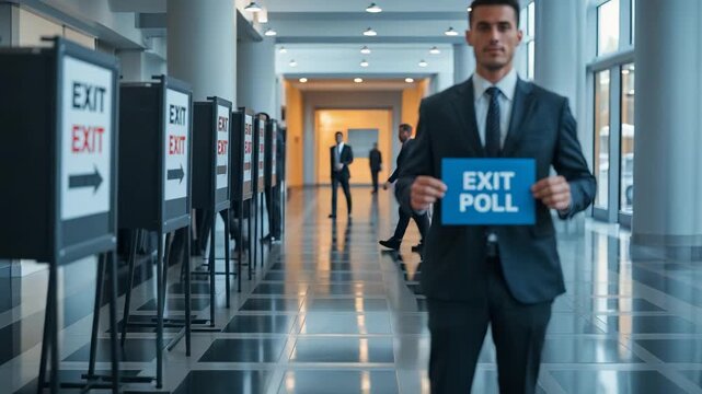Election official holding exit poll sign in polling station hallway with voting booths, democratic survey process and civic participation