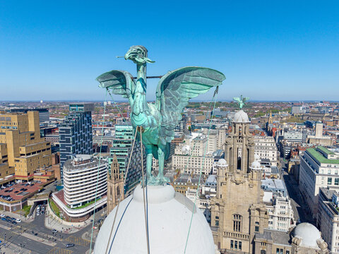 Liverpool, Merseyside, United Kingdom. 04.23.2026 Aerial image taken during Spring of the Royal Liver Building on the Liverpool waterfront. 23rd April 2026
