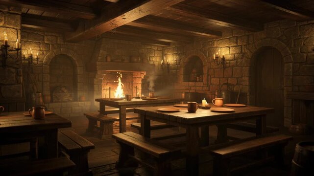 Cozy medieval tavern interior with wooden tables benches warm fireplace and candlelight ambiance