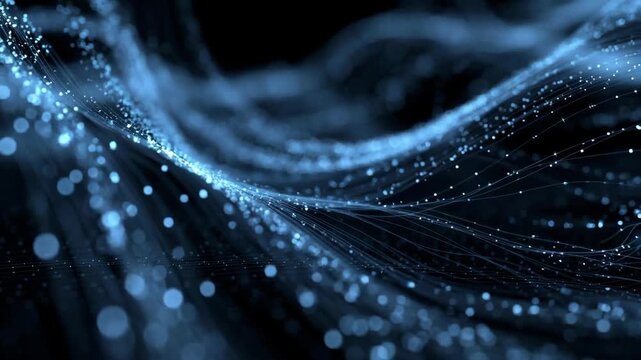 Shimmering flowing data-like strands with tiny lights in abstract style on dark background, concept of digital connectivity