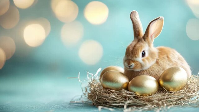 Cute rabbit sitting in nest with golden eggs on teal background  