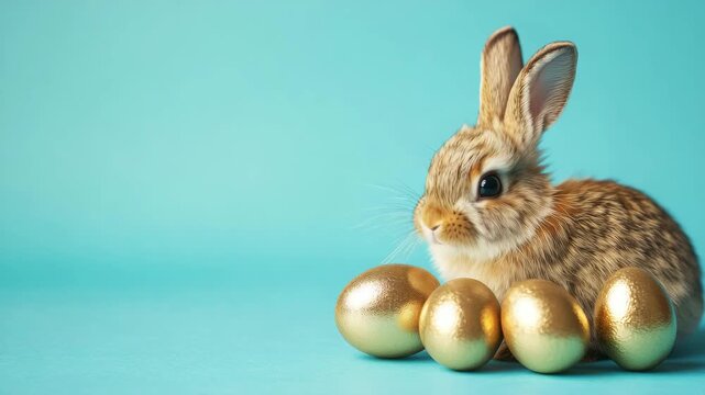 Rabbit sitting beside golden eggs on turquoise background  