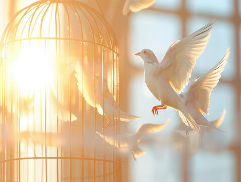 White dove flying out of birdcage in bright sunlight indoors