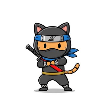 A cartoon-style illustration features a cat ninja. It's dressed in black ninja attire, with a blue headband and a sword strapped to its back. The cat looks ready for action
