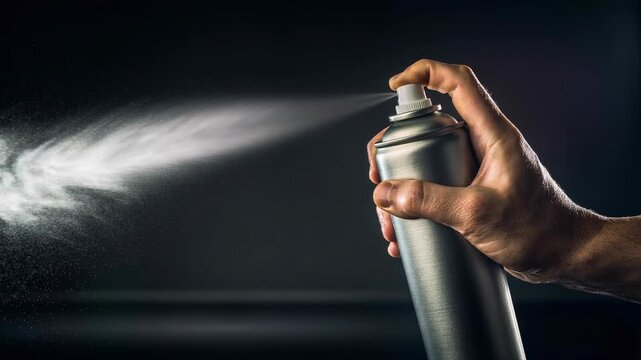 Hand spraying aerosol can with fine mist on dark background for cleaning or painting
