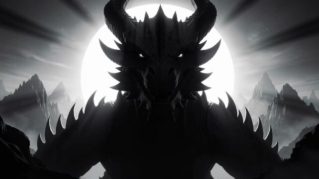 Dark fantasy dragon silhouette with glowing eyes against a bright full moon and misty mountain landscape