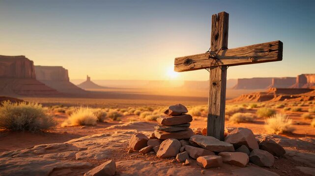 Wooden cross and stone pile in desert landscape with warm sunlight and distant rock formations