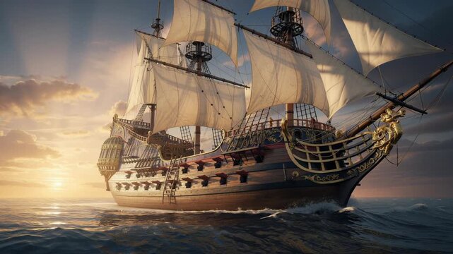 Historic wooden sailing ship with white sails on ocean at sunset with dramatic sky and calm waves