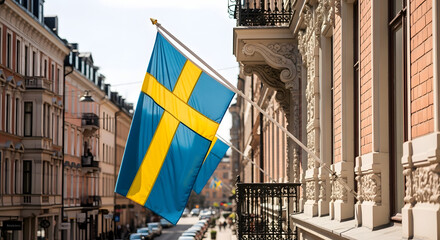Naklejka premium Celebrating National Day of Sweden with a swedish flag waving on a building overlooking a street on a sunny day in an urban landscape with people and cars.