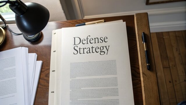 Detailed Defense Strategy Document on Wooden Desk with Lamp