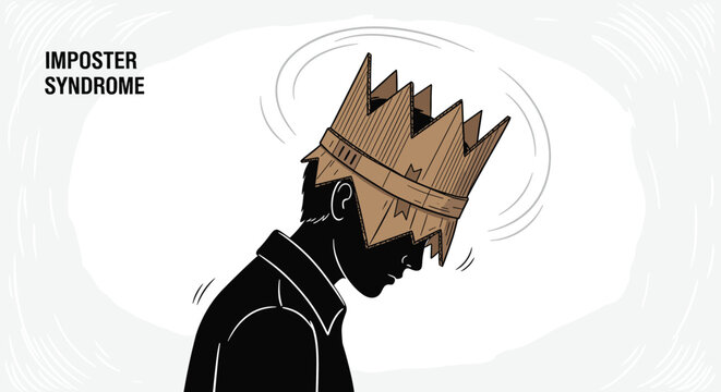 Imposter syndrome concept illustration with a person wearing a cardboard crown, Generative AI.