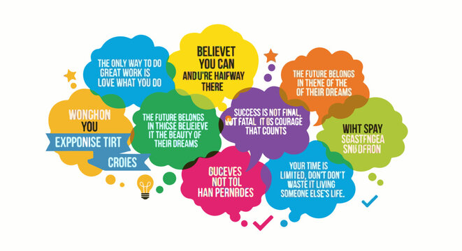 Colorful speech bubbles containing inspirational quotes about life and success