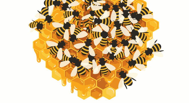 A swarm of bees collects honey from a honeycomb structure