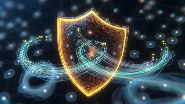 Glowing shield with bright nodes in futuristic style on dark background symbolizing cybersecurity protection