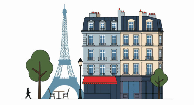 Parisian street scene with Eiffel Tower, a building, and a person