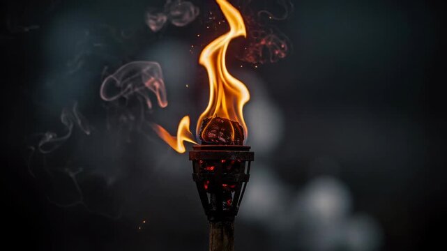 Flaming torch with bright fire and smoke on dark background symbolizing warmth and light