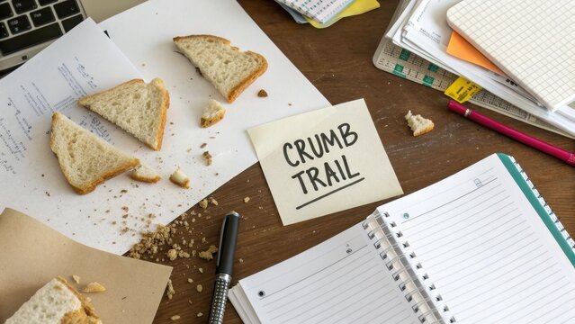 Messy Desk with Crumbs and Notes Illustrating Distraction and Chaos