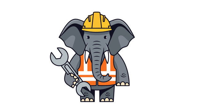 Cartoon elephant construction worker holding a large wrench