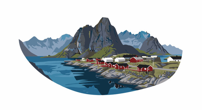 Scenic coastal village nestled against majestic mountains and a tranquil bay