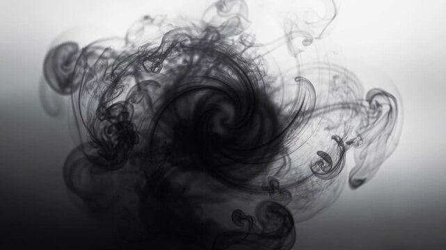 Abstract swirling black ink in water with smoky patterns and fluid motion on a light background