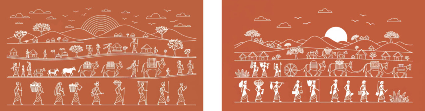 Warli art style tribal folk painting, traditional Indian village life scene vector, ethnic terracotta background with white line figures and animals