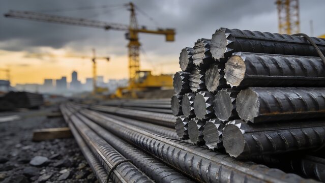Several bundles of reinforced steel bars are stacked carefully on a construction site during a bright golden sunset hour