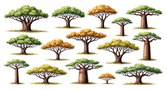 Collection of diverse trees including baobabs and deciduous varieties showcasing varied foliage and rustic trunks