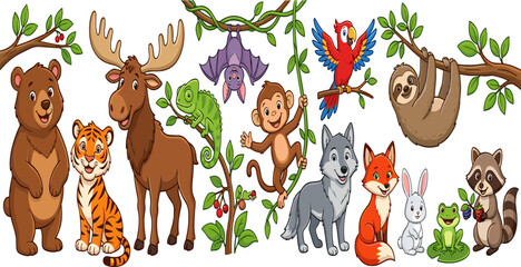 Fototapeta premium Colorful Cartoon Animal Vector Illustrations Depicting Bear, Tiger, Moose, Monkey, Parrot, and Other Wildlife in Playful Forest Environment