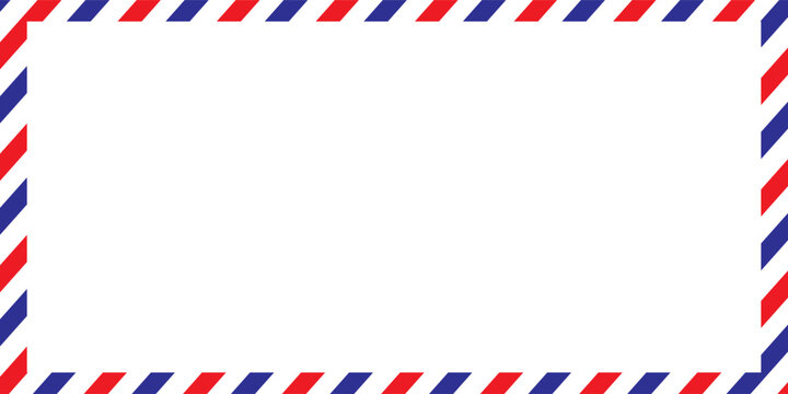 Postal air mail envelope frame with red and blue stripes on a white background. Vector illustration.