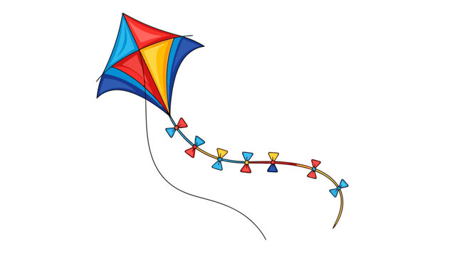 Cartoon kite in primary colors with a long decorated tail on a white background
