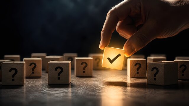 A hand choosing a wooden block with a checkmark among question mark blocks