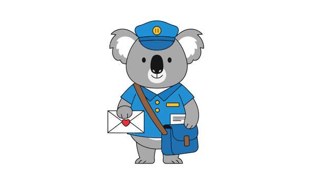 Cartoon koala in a blue mail carrier uniform holding an envelope