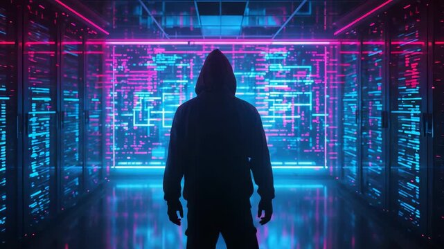 Hooded hacker standing inside neon server room with glowing code screens, cybersecurity breach, data center threat and digital crime scene