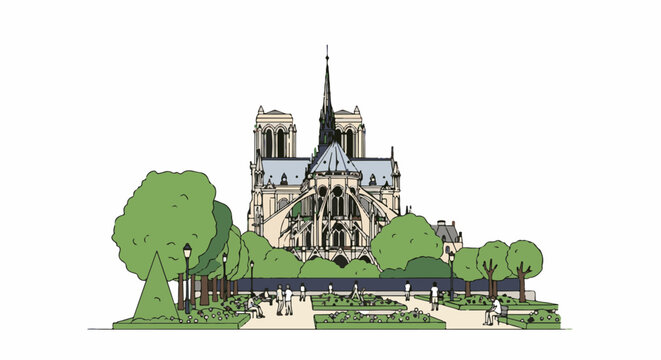 A stylized depiction of a grand cathedral with flanking trees and people