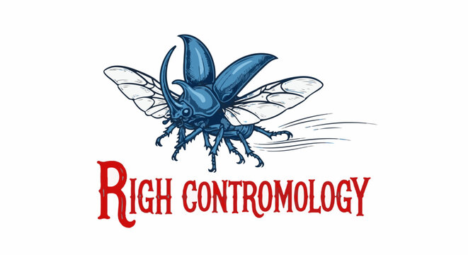 A detailed illustration of a blue rhinoceros beetle in flight with stylized text