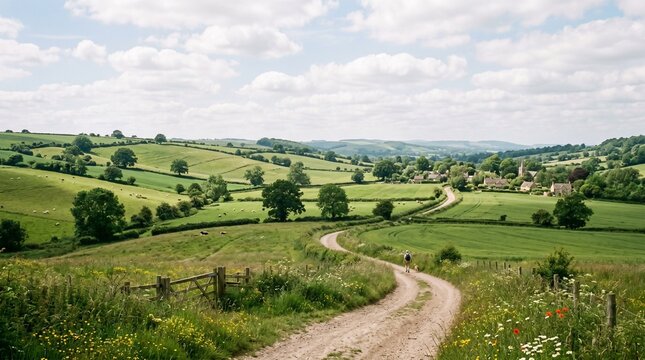 A lone hiker and their dog walk along a winding dirt path through the lush, rolling green hills and wildflower meadows of the idyllic English countryside.