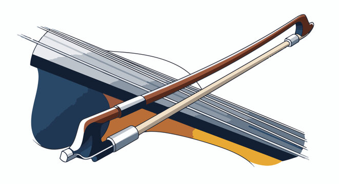 A detailed, stylized illustration of a cello bridge, strings, and bow