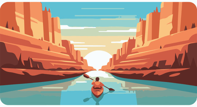 Solitary kayaker navigates a river through a grand canyon at sunset