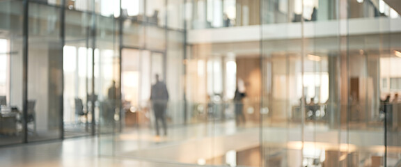 An abstract view of a modern office building's interior featuring glass walls and blurred silhouettes of people working in a collaborative environment. © Vhagar