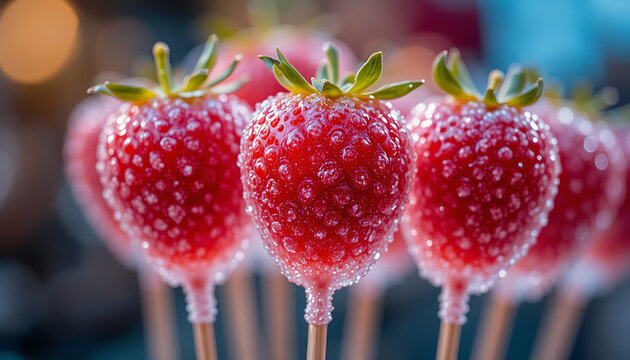 Glazed Candied Strawberries on Skewers Macro Shot