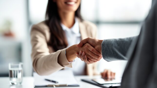 Close-up of professional handshake across office desk during meeting, representing agreement and successful partnership.