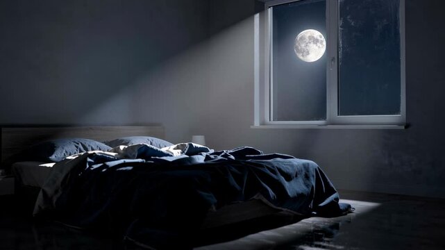 Cozy bedroom interior at night with moonlight shining through window on unmade bed