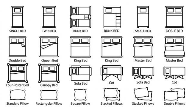 Various Bed Types and Sizes Top View Outline Icons Set.