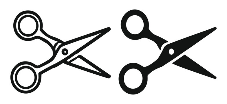 scissors outline and solid icons, cutting tool for barber hair salon office and craft use, simple vector symbol isolated on transparent background