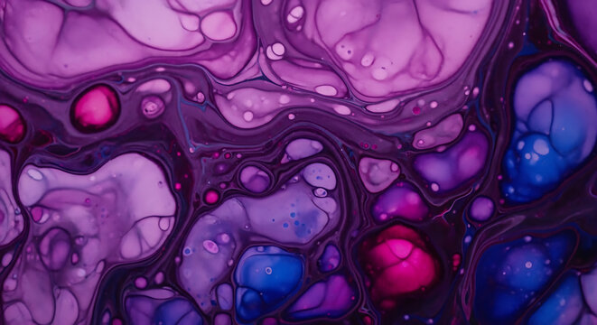Purple paint swirls blending into deep blue liquid pools creating marble.