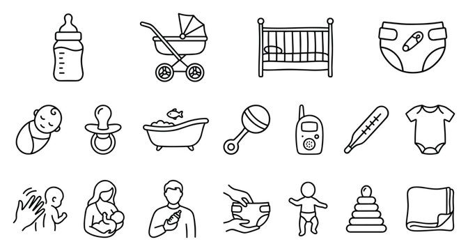 baby care icons set, infant nursery equipment collection with bottle stroller crib diaper pacifier and toys, clean outline vector isolated on transparent background