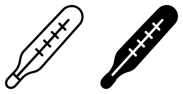 medical thermometer icon set, temperature measuring device for fever control in outline and silhouette style, healthcare instrument vector collection isolated on transparent background