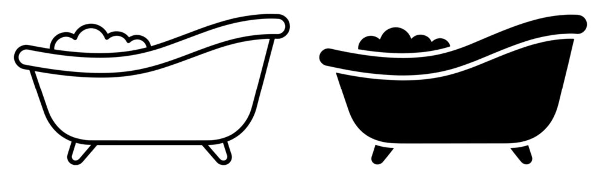 bathtub icon set, bathroom bath tub with foam and water in outline and silhouette style, hygiene and cleaning equipment vector collection isolated on transparent background