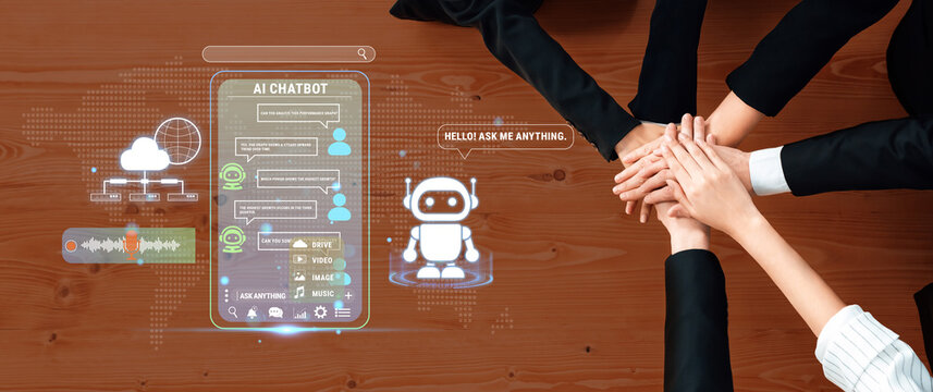 A dynamic business meeting featuring a mobile device showcasing an AI chatbot, encouraging collaborative communication and innovative teamwork among professionals. Fluxor.