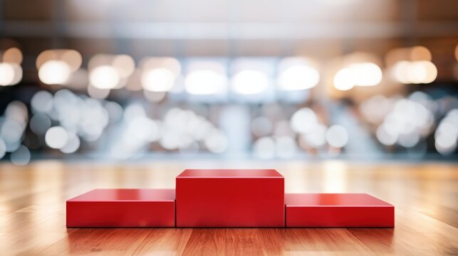Red three-tier winners podium on wooden floor with bokeh lights and copy space.